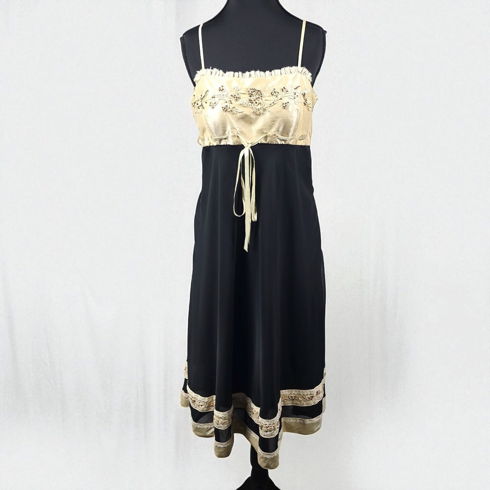 Simon Chang Babydoll Dress Woman Size 4 Black Beige Embellished Sleeveless Lined